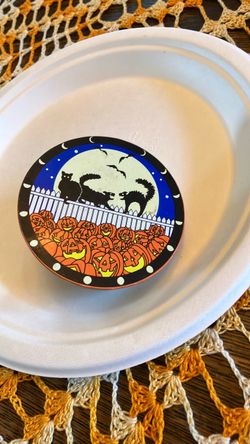 Vintage Halloween, noisemaker, pumpkins, cats, and bats