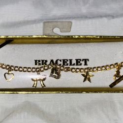 Super Cute! Brand New Faux Gold Chain Bracelet With Charms - New In Box! - A Great Xmas Gift! Approx. 6”