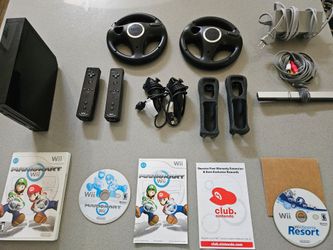 Black Nintendo Wii Console, Accessories, Mario Kart Game, Sports Resort Game