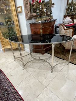 Beautiful Oval Black Glass and Silver Metal Console Table🌷