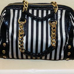 Henri Bendel Brown & White Striped Satchel Designer 712 5th Ave Handbag