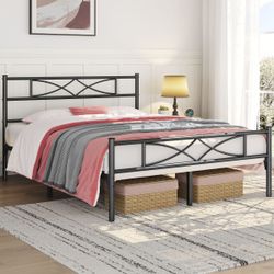 Simple Metal Queen Size Bed Frame with Curved Design Headboard and Footboard, Black