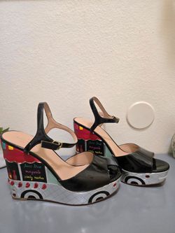KATE SPADE TACO TRUCK DORA WEDGE SHOES PLATFORM SANDAL RARE BLACK