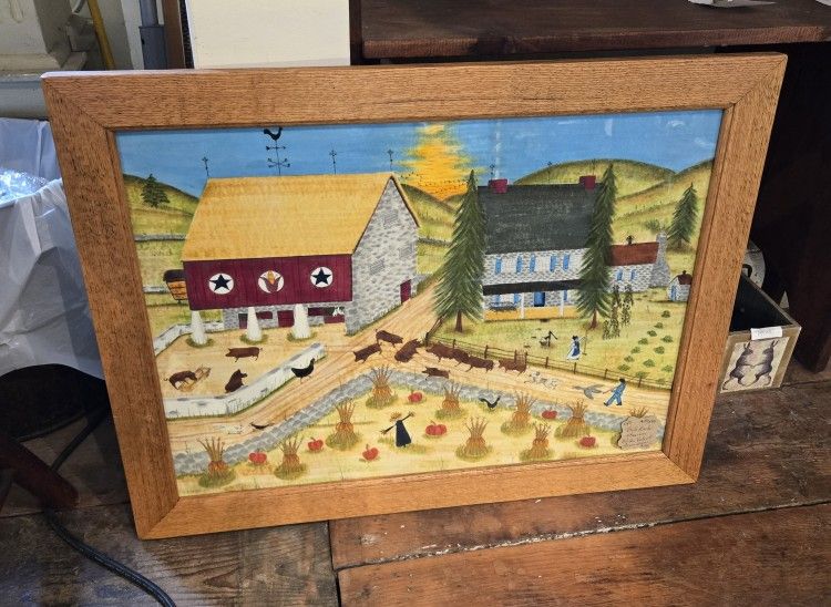 William "Bill" Rank Folk Art Oil On Velvet Painting