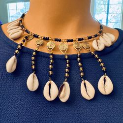 Brass Shell Beaded Choker Handmade in Kenya Hangs 8 Inches. 