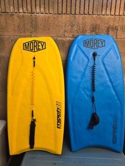 2 Morey Boogie Boards Yellow Mach 11 & Blue 9TR Tube Rail 42" W/ Ankle Strap