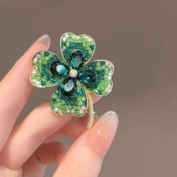 Green Four Leaf Clover Brooch Pin Plated Crystal