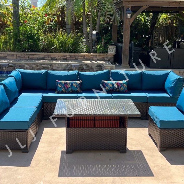 NEW🔥Outdoor Patio Furniture Brown Wicker Peacock Blue 5" cushions 9 Pc Set with Cover ASSEMBLED