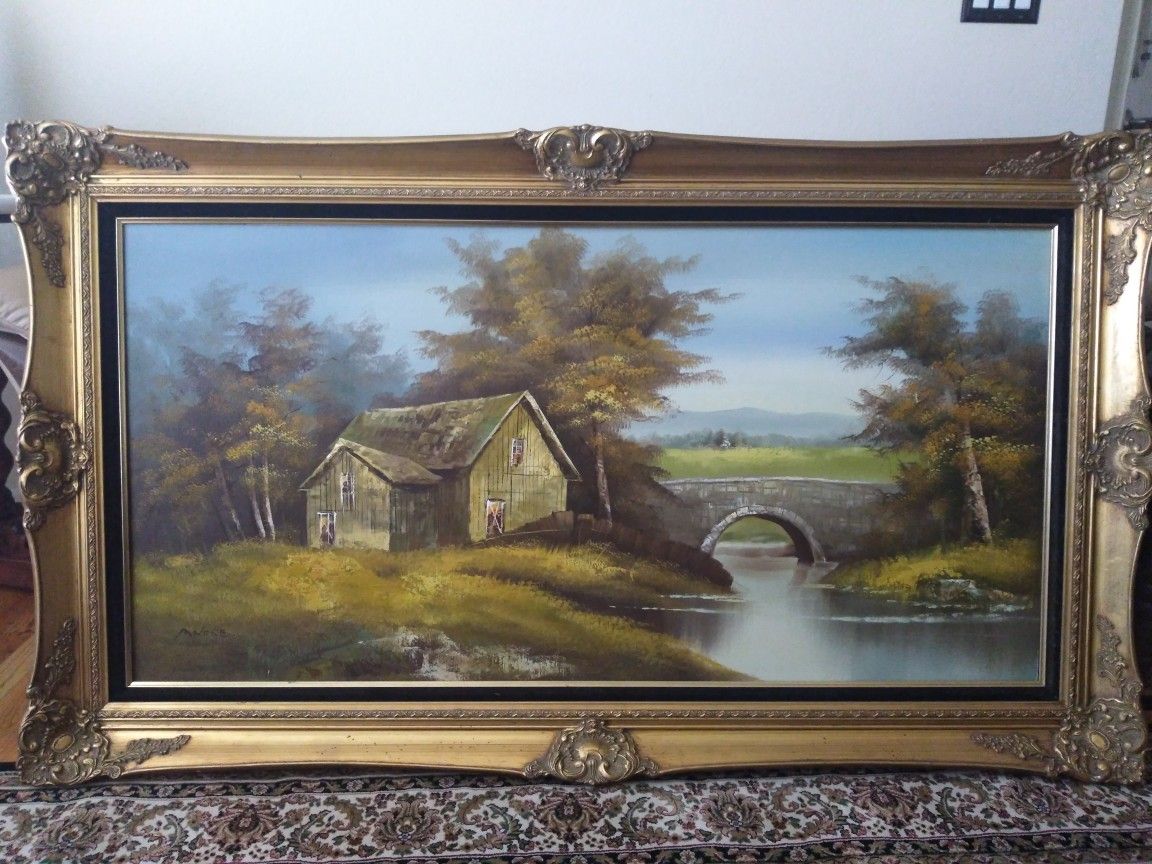 24" X 28" Vintage Oil Painting Signed Andre Framed Landscape Nature Trees House