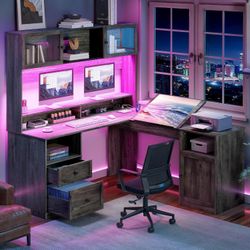  YITAHOME L Shaped Desk With Drawers & Hutch, 61" Computer Desk With Power Outlets & LED Lights, Corner Office Desk With Storage Cabinet, Drafting Tab