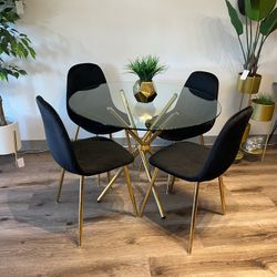 Black Gold Modern Velvet Glass Dining Set 