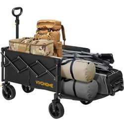 VIVOHOME 130L Collapsible Wagon with Tailgate, 320lb Load-Bearing Outdoor Utility with All-Terrain Wheels, Adjustable Handle, Cup Holders for Camping,