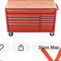 Husky 52 in. W 10-Drawer Gloss Red Mobile Workbench Cabinet with Solid Wood Top