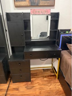 Black and Gold Vanity with Storage and LED Lighting