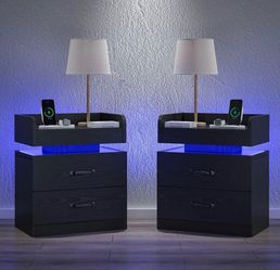 Set of 2 with Charging Station and LED Lights 2 Drawer Night Stand for Bedroom, Modern Bedside Tables End Table for Living Room