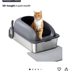 OLIXIS Stainless Steel Cat Litter Box with Lid, Large for Big Cats, High Wall Sides, Anti-Urine Leak