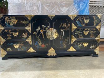 Vintage Korean Tansu Chinoiserie Style Credenza, 72” L x 31” H x 18” D,  Hand Painted