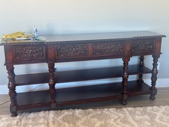 Dark Wood Console Table with Carved Drawers