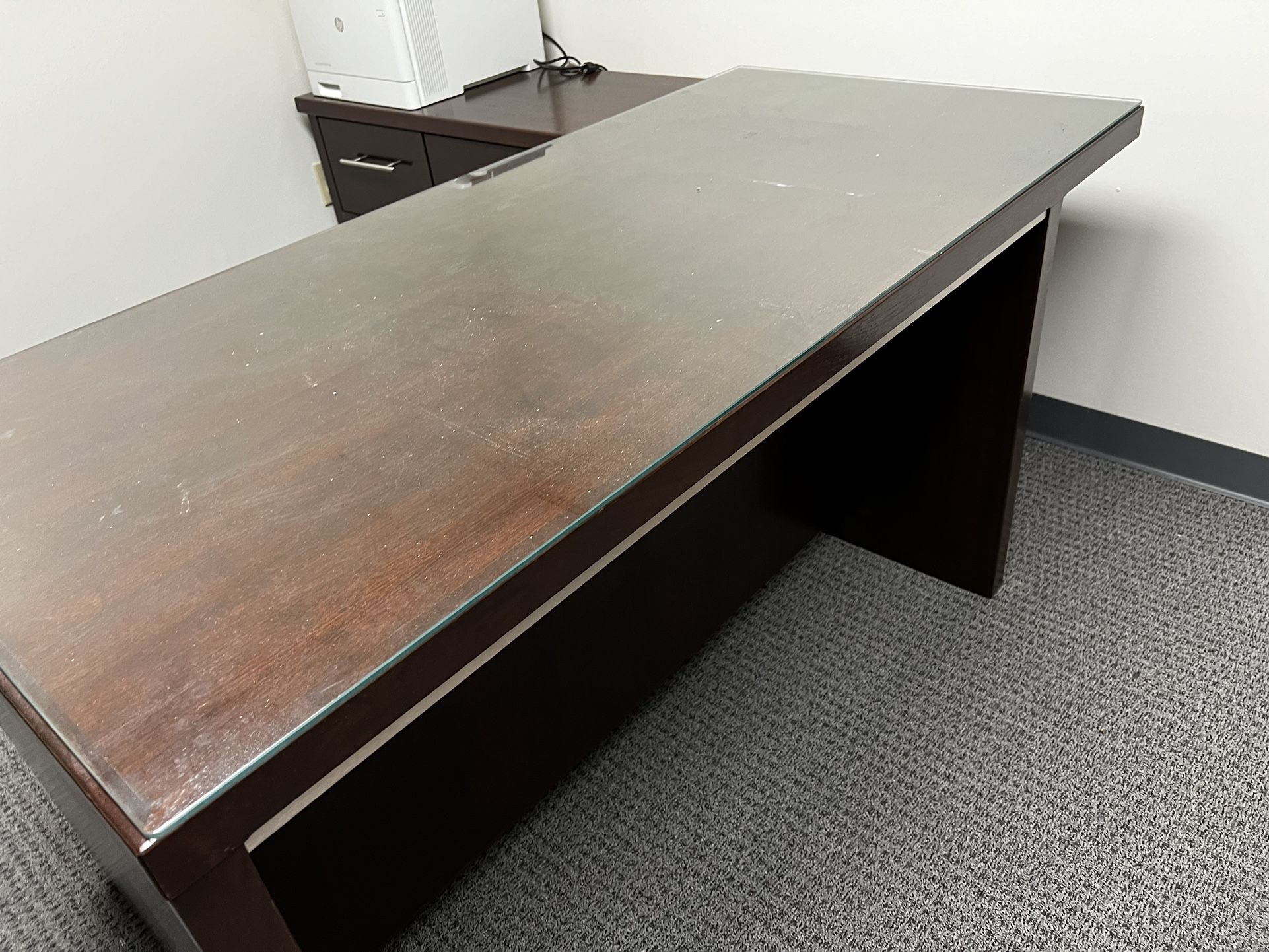 custom-Made Executive Wooden Desk, Glass Top