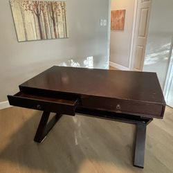 Modern Dark Wood Desk with Drawers & Built-In Bookshelf