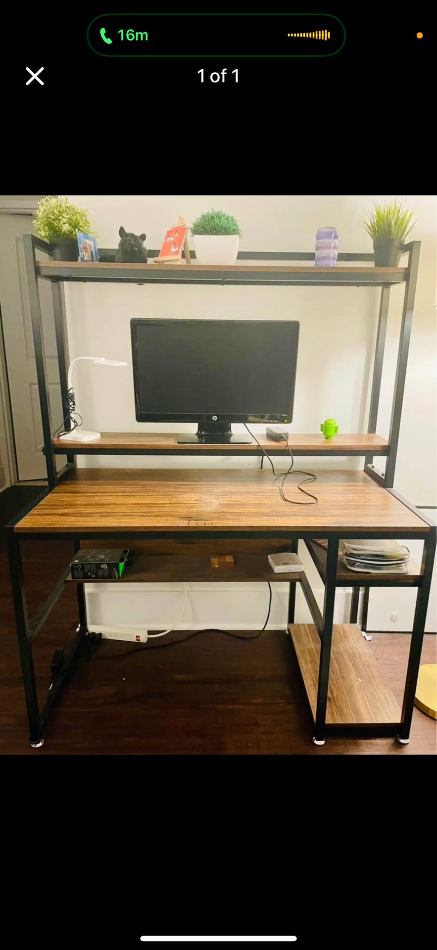 Wood and Metal Desk with Monitor Shelf and Hutch