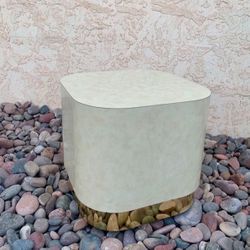 1980s Square Beige Laminate Stool With Wraparound Gold Brass Bottom Trim 