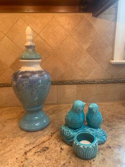 Blazed Ceramic Lidded Urn and Bird Candle Holder Set