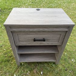 Grey Wood Nightstand with Drawer & Power Cord Built Inside !!!!!