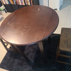 Wooden Circle Table And Two Bar Stools