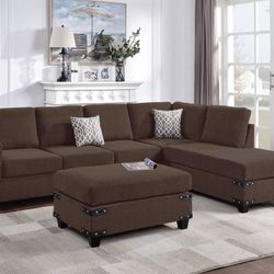 Brand New Brown Sectional Sofa w Ottoman (Pillows Included)