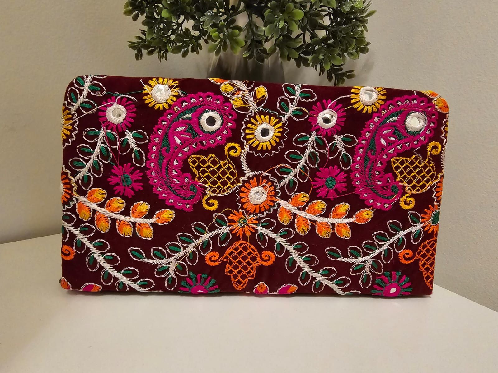 Indian Hand Embroidered Clutch Hand Bag - Maroon Color