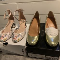 New Ladies Shoes. Designer  J Crew Gold Wedge Or Aldo  Spring Flowers  $40 Each 