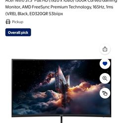 Acer Nitro 31.5" Curved Gaming Monitor - 165Hz - $80