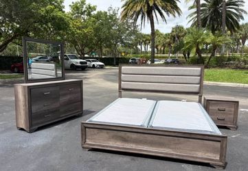Modern Gray Wood King Bedroom Set with Dresser, Mirror, Nightstand and Box Spring by Malaysia Furnit