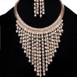 Gold Plated Necklace Earrings Set Crystal Tassels Rhinestone Wedding Set