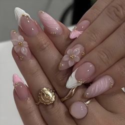 3D Pink Press on Nails Almond - Medium French Tip Fake Nails with Embossed Flower&Gold Bead Designs, Glossy Finish Reusable False Nails with Glue Tabs