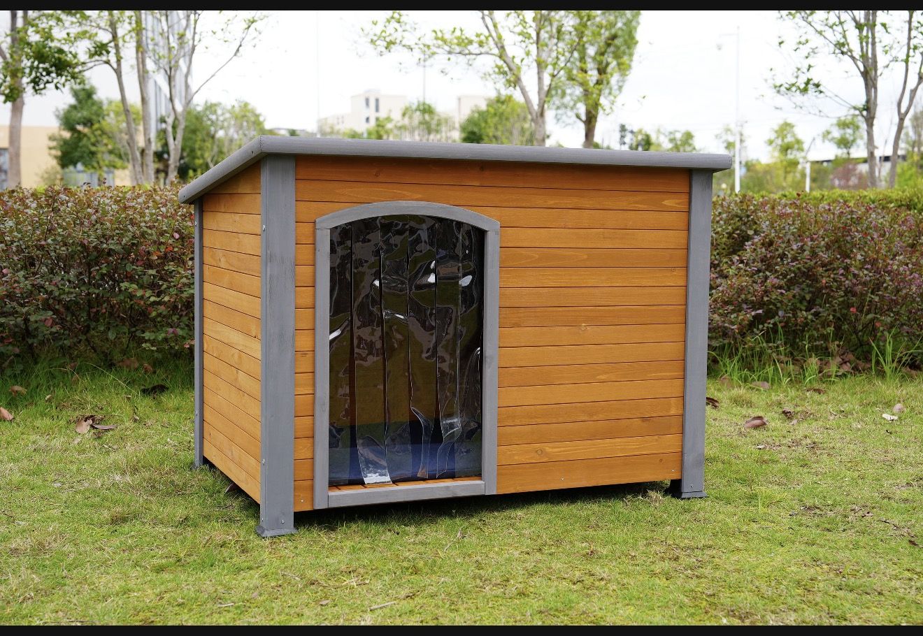 45 winter warm outdoor indoor dog house, made of solid wood, plastic curtain, insulation mat.