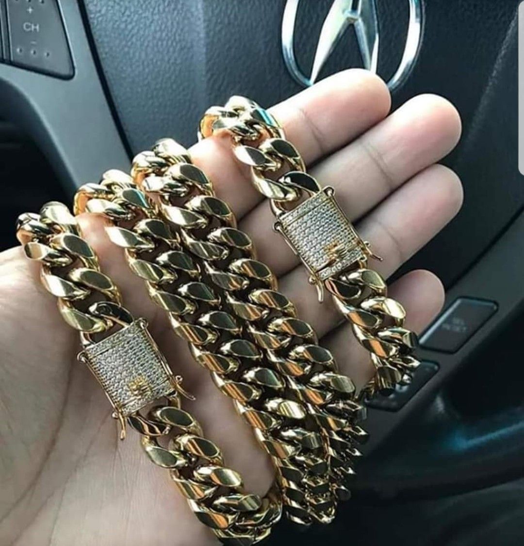 Diamond Lock Cuban Link Set 14K Gold Plated Doesn't Loses Color