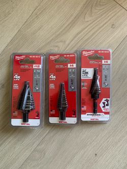Three Brand New Milwaukee Bit -7/8in.-1-3/8in.#12 Black oxide Step Drill Bit 5-steps + 4 3/16”..7/8 “ 12 Hole Size . + 1 More 4 3/16”.7/8”