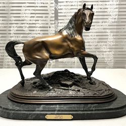 Signed Pierre Jules Mene Bronze Stallion Horse Statue Mounted on Marble Base