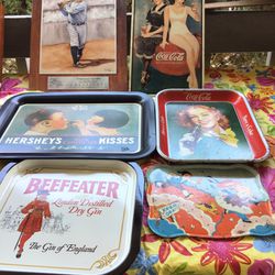 METAL SIGNS, 6, BABE RUTH,COCA-COLA, HERSEY KISSES, BEEFEATER, AND COCA- COLA TRAY.$35.00