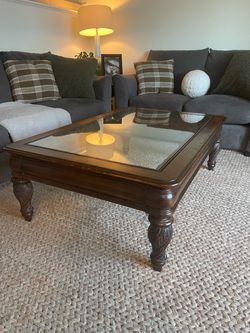Dark Carved  wood/glass coffee table and side table