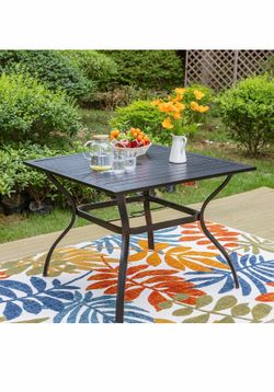 NAME: Patio Dining Table (38 x 38 Inch) Patio Table for 4, Metal Outdoor Dining Table with E-Coating, Square Steel Slated Outdoor Table with 1.57" Umb