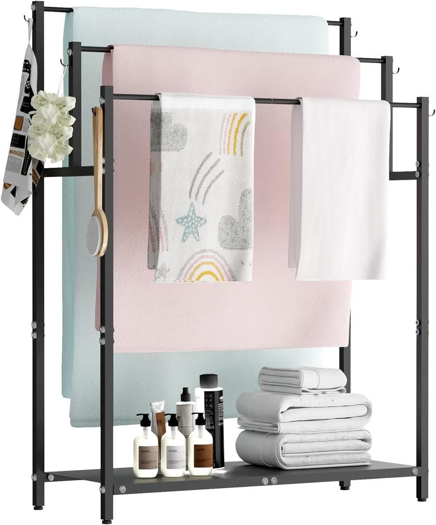 44 Inch Tall Free-Standing Towel Racks with 6 Hooks for Bathroom