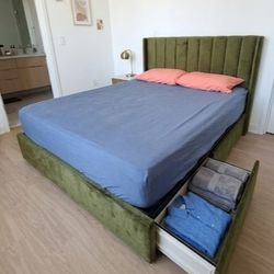 Olive Green Velvet Queen Platform Storage Bed with Queen Mattress (Free) - Hardly Used!I am selling my stunning, modern queen platform bed due to an u