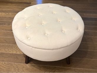 Mid-Century Tufted Round Ottoman / Coffee Table – Cream Upholstery