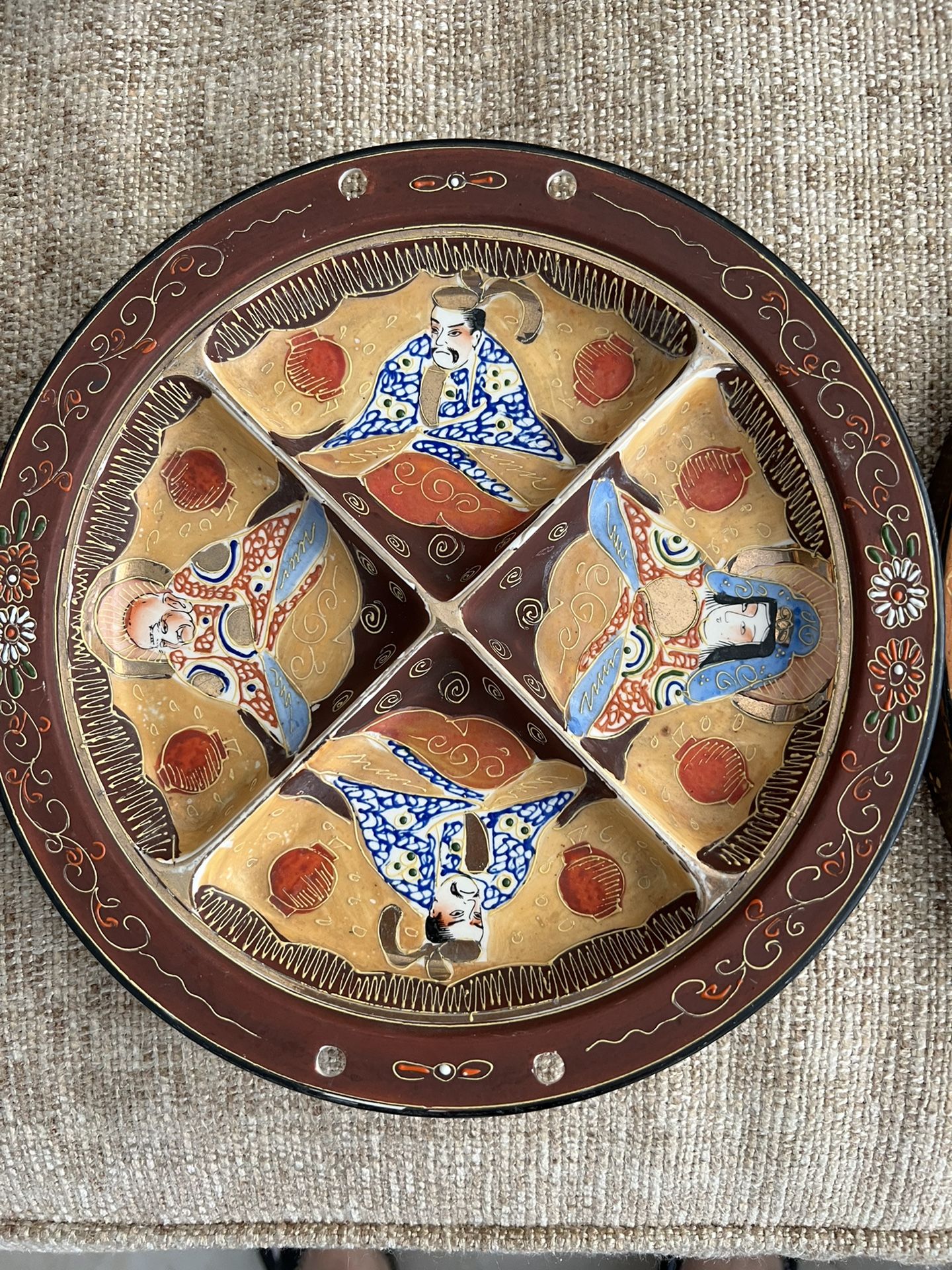 Antique Japanese 4 section Hand painted Meiji Period Plate With handpainted case