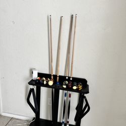 Pool Sticks Stand And Balls Only Selling 2 Out Of The 4 Sticks 