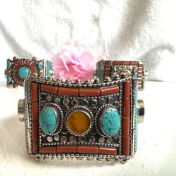 Vintage and handmade Tibetan silver Bangle inlaid with Coral and Turquoise handmade 122grams