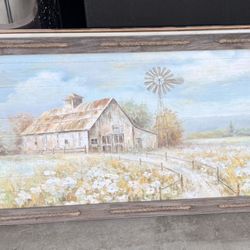 Windmill Farmhouse Picture With Wooden Frame
